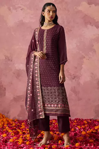 Wine georgette embroidered salwar suit