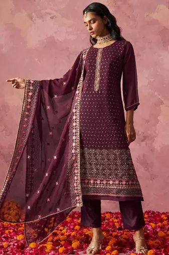Wine georgette embroidered salwar suit
