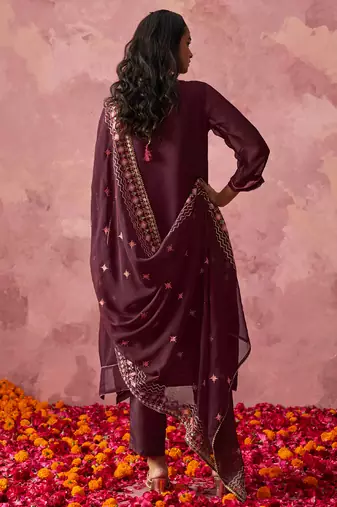 Wine georgette embroidered salwar suit