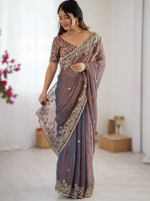 Dark onion pink new festive wear fendy chiffon saree with sequins embroidery work 1