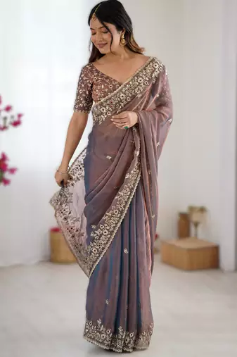 Dark onion pink new festive wear fendy chiffon saree with sequins embroidery work
