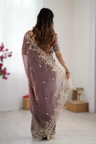 Dark onion pink new festive wear fendy chiffon saree with sequins embroidery work