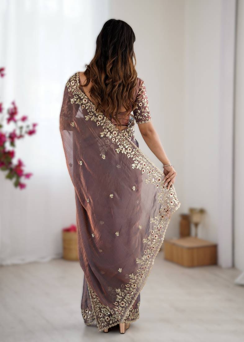 Dark onion pink new festive wear fendy chiffon saree with sequins embroidery work