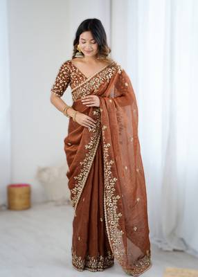 Brown new festive wear fendy chiffon saree with sequins embroidery work 1