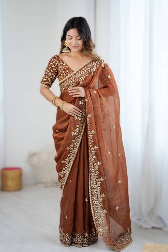 Brown new festive wear fendy chiffon saree with sequins embroidery work