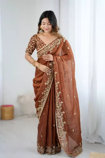Brown new festive wear fendy chiffon saree with sequins embroidery work