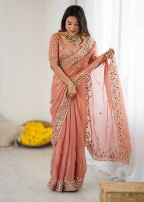Peach new festive wear fendy chiffon saree with sequins embroidery work 1
