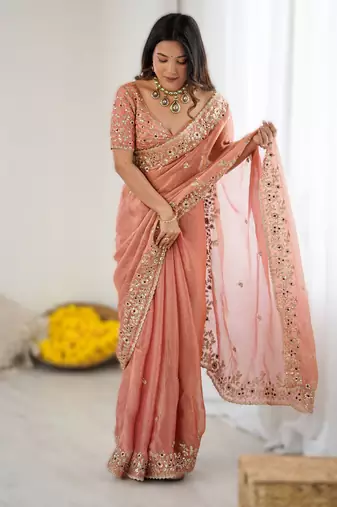 Peach new festive wear fendy chiffon saree with sequins embroidery work