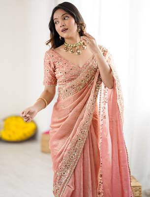 Peach new festive wear fendy chiffon saree with sequins embroidery work 2