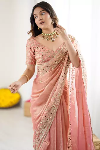 Peach new festive wear fendy chiffon saree with sequins embroidery work