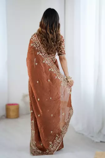 Brown new festive wear fendy chiffon saree with sequins embroidery work