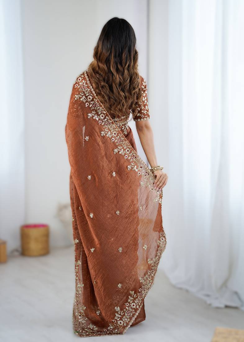 Brown new festive wear fendy chiffon saree with sequins embroidery work