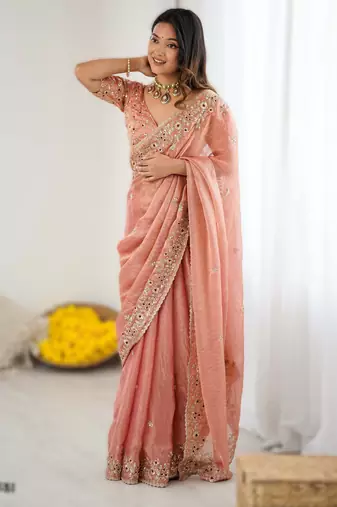 Peach new festive wear fendy chiffon saree with sequins embroidery work