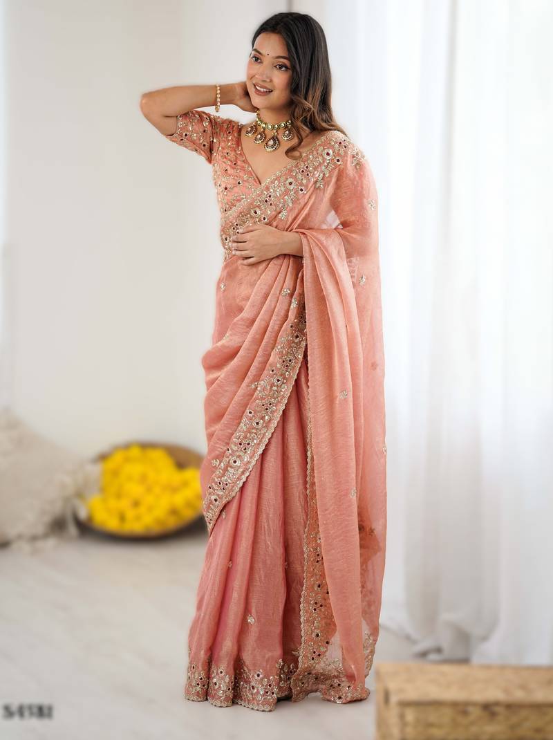 Peach new festive wear fendy chiffon saree with sequins embroidery work