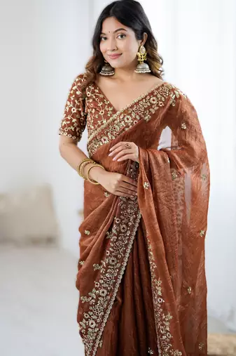 Brown new festive wear fendy chiffon saree with sequins embroidery work