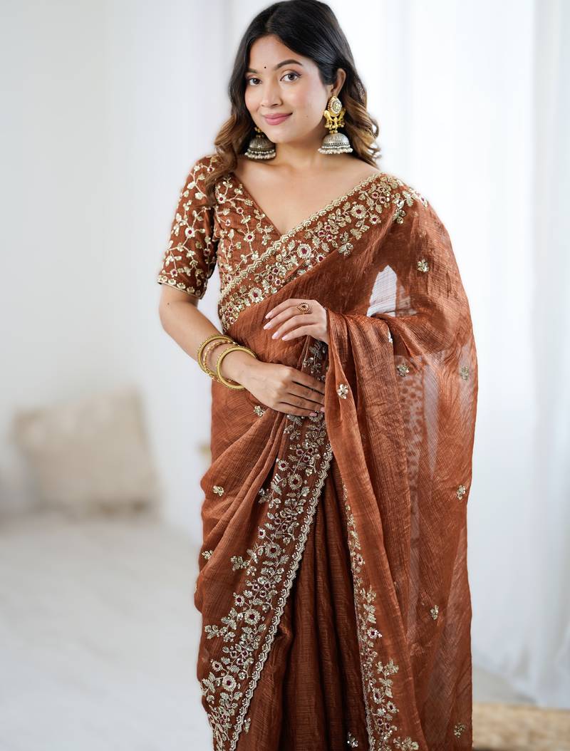Brown new festive wear fendy chiffon saree with sequins embroidery work