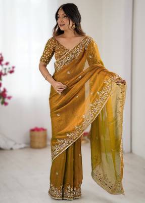 Mustard yellow new festive wear fendy chiffon saree with sequins embroidery work 1