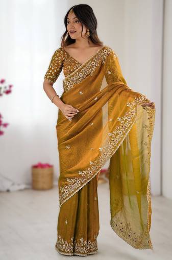 Mustard yellow new festive wear fendy chiffon saree with sequins embroidery work
