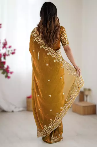Mustard yellow new festive wear fendy chiffon saree with sequins embroidery work