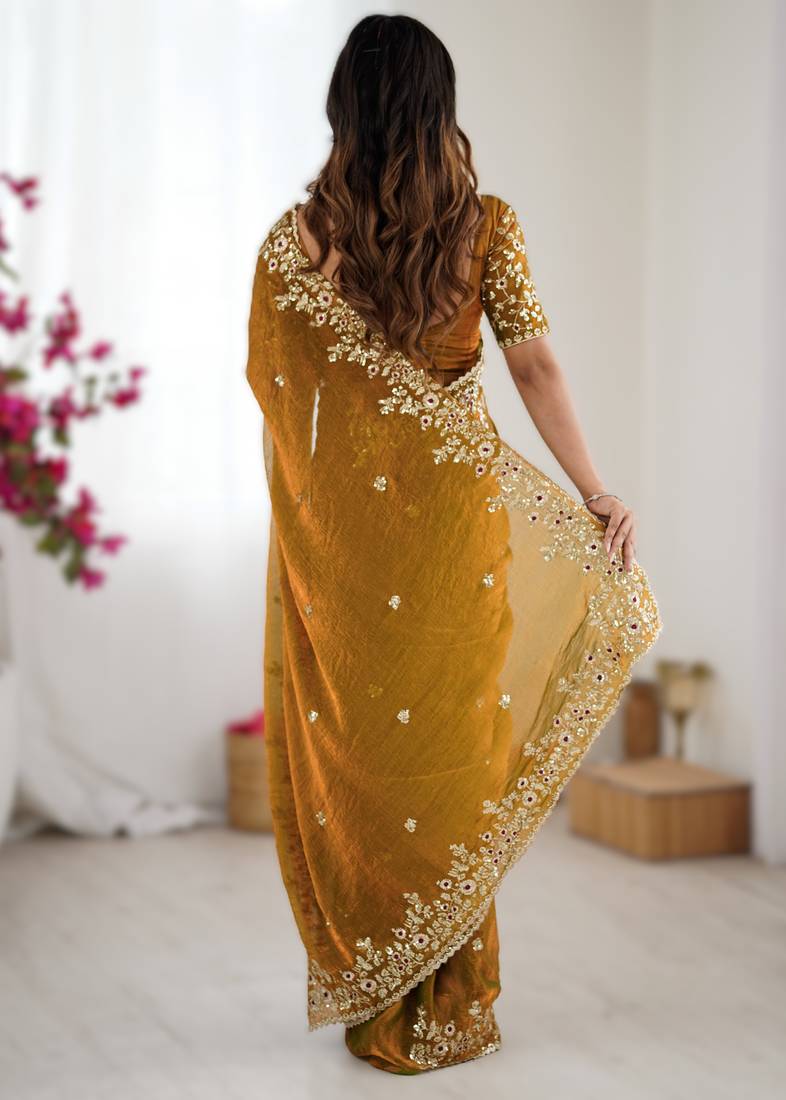 Mustard yellow new festive wear fendy chiffon saree with sequins embroidery work