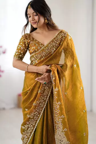 Mustard yellow new festive wear fendy chiffon saree with sequins embroidery work