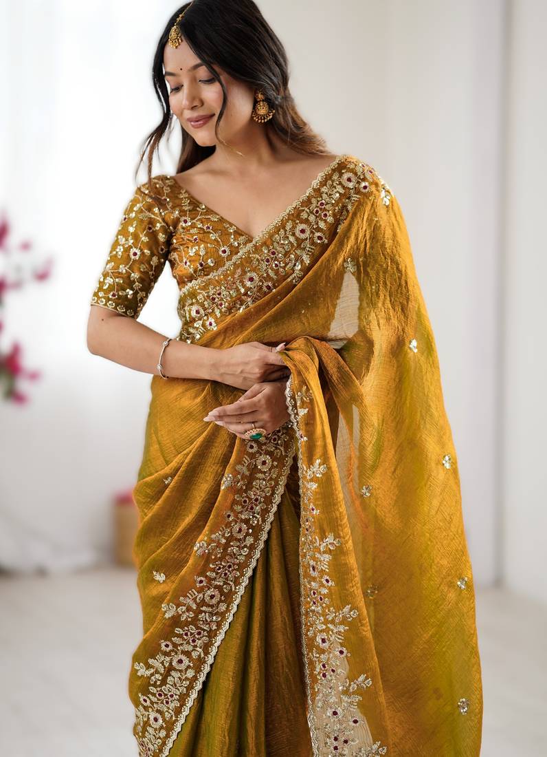 Mustard yellow new festive wear fendy chiffon saree with sequins embroidery work
