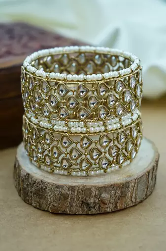 Traditional antique kada with kundan & green pearls