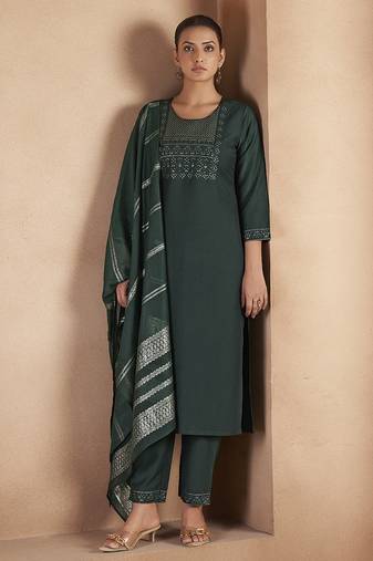 Dark green embroidered with sequined work cotton blend straight kurta set for women