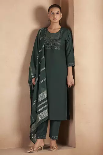 Dark green embroidered with sequined work cotton blend straight kurta set for women