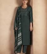 Dark green embroidered with sequined work cotton blend straight kurta set for women