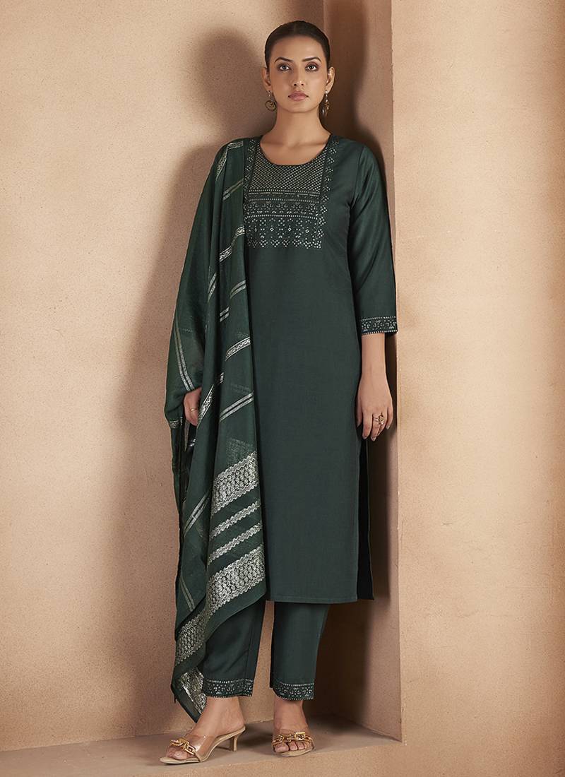 Dark green embroidered with sequined work cotton blend straight kurta set for women