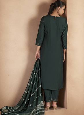 Dark green embroidered with sequined work cotton blend straight kurta set for women 2