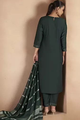 Dark green embroidered with sequined work cotton blend straight kurta set for women