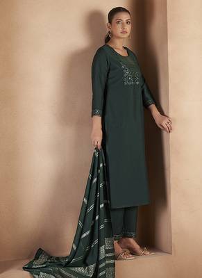Dark green embroidered with sequined work cotton blend straight kurta set for women 3