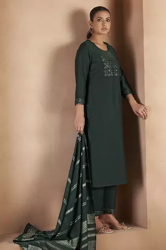 Dark green embroidered with sequined work cotton blend straight kurta set for women