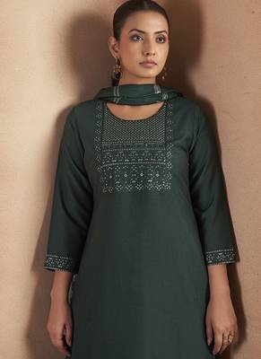 Dark green embroidered with sequined work cotton blend straight kurta set for women 4