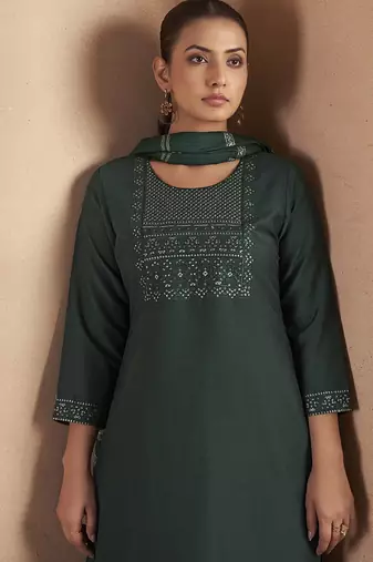 Dark green embroidered with sequined work cotton blend straight kurta set for women