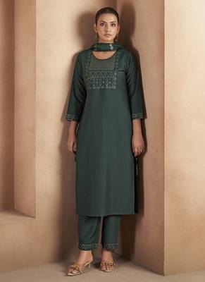 Dark green embroidered with sequined work cotton blend straight kurta set for women 5