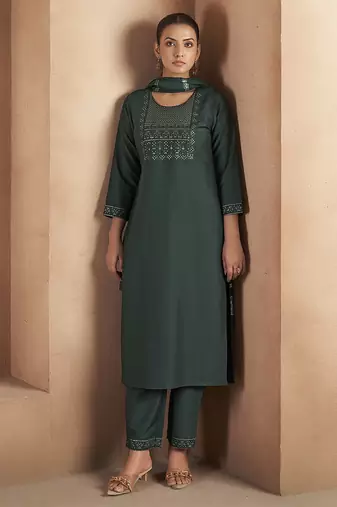 Dark green embroidered with sequined work cotton blend straight kurta set for women