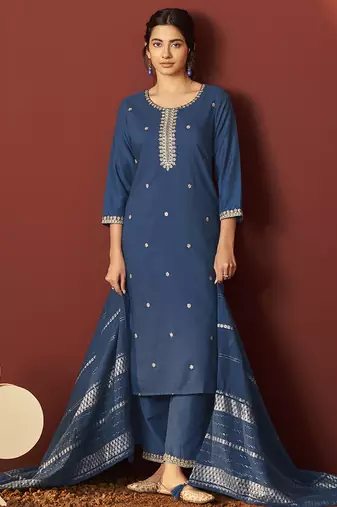 Rama embroidered chinnon straight kurta set with dupatta for women