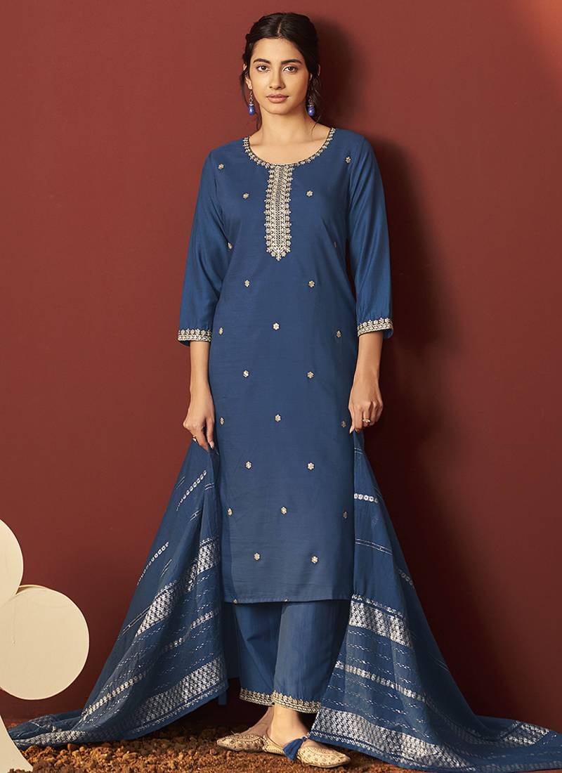 Rama embroidered chinnon straight kurta set with dupatta for women