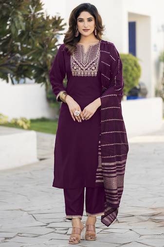 Wine embroidered chinon straight kurta set with dupatta