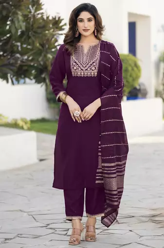 Wine embroidered chinon straight kurta set with dupatta