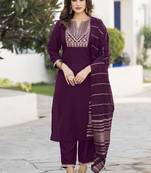 Wine embroidered chinon straight kurta set with dupatta