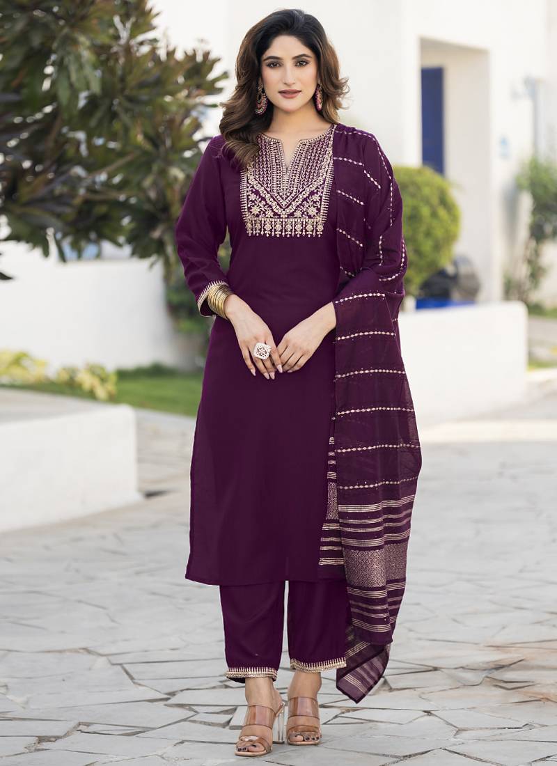 Wine embroidered chinon straight kurta set with dupatta