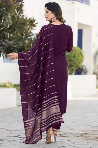 Wine embroidered chinon straight kurta set with dupatta