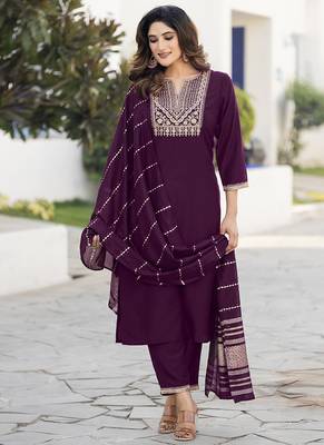 Wine embroidered chinon straight kurta set with dupatta 3