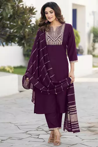 Wine embroidered chinon straight kurta set with dupatta