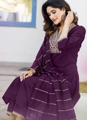 Wine embroidered chinon straight kurta set with dupatta 4