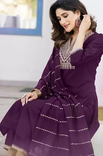 Wine embroidered chinon straight kurta set with dupatta